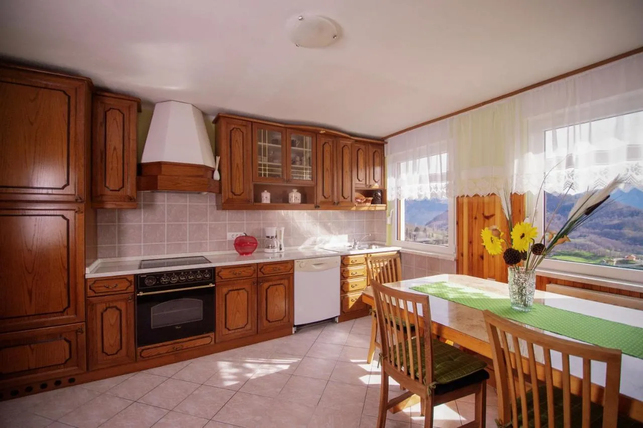 Kuhinja z lesenimi omaricami in jedilno mizo v apartmaju za 8